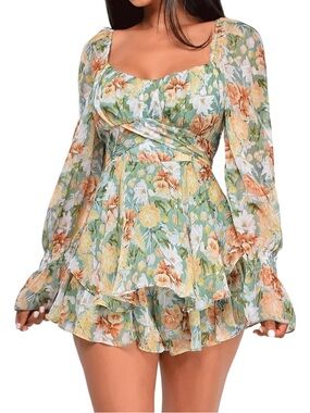 Floral Square-Neck Ruffle Mini Dress - Green & Peach
